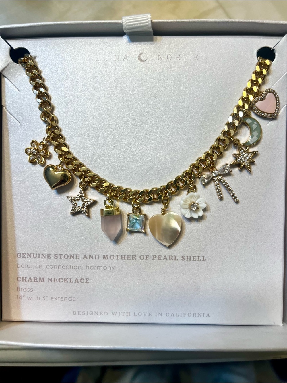 Luna Norte Gold Charm Necklace with Mother of Pearl & Crystal Accents *NWT*